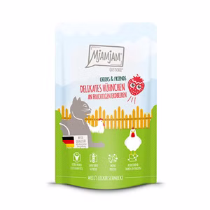 MJAMJAM Chicks and Friends delikates Hühnchen an fruchtigen Erdbeeren für Katzen 125g