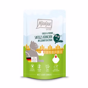 MJAMJAM Chicks and Friends saftiges Hühnchen an gedämpftem Spinat für Katzen 125g