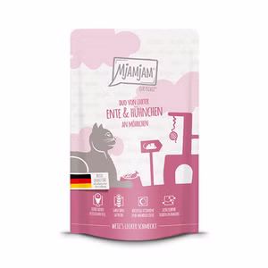 MJAMJAM Quetschie DUO von zarter Ente und saftigem Hühnchen an Möhrchen für Katzen 125g