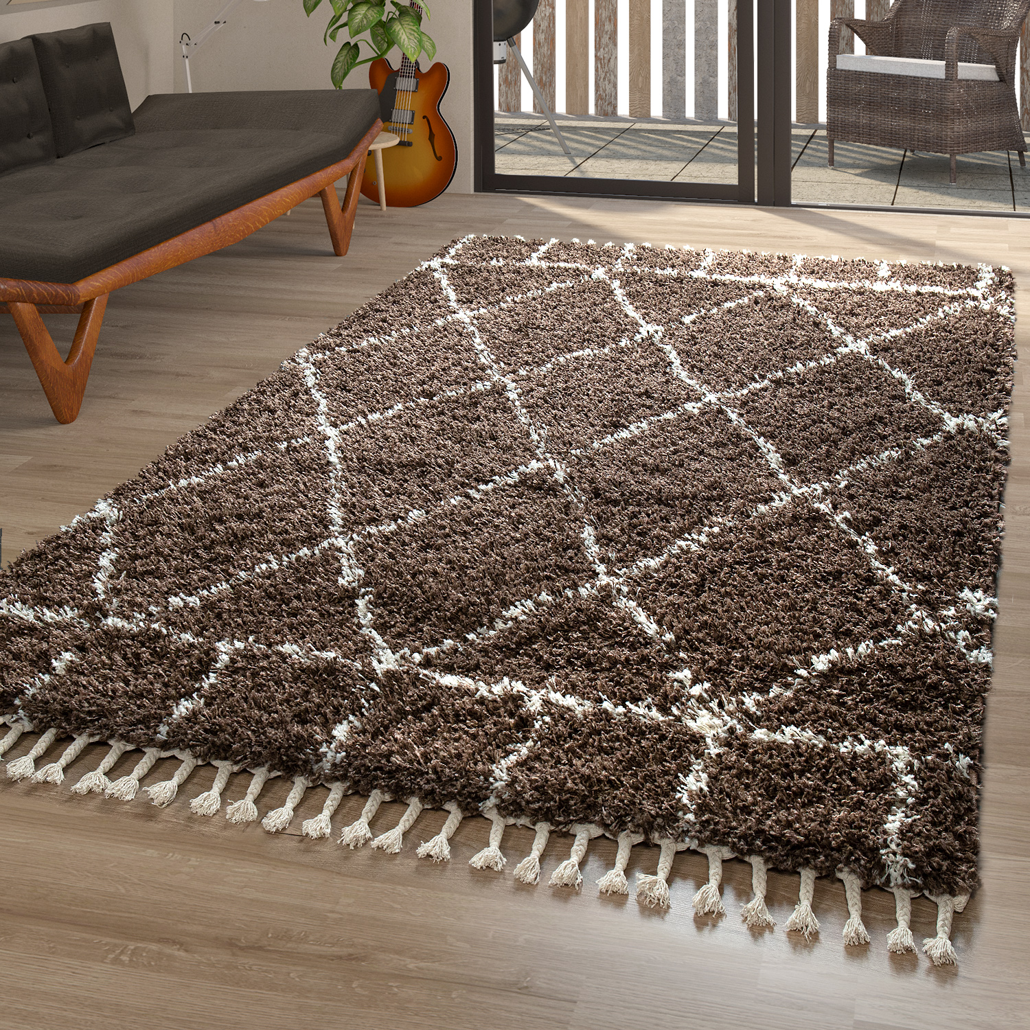 Hochflor Teppich Braun Wohnzimmer Shaggy Berber Muster ...