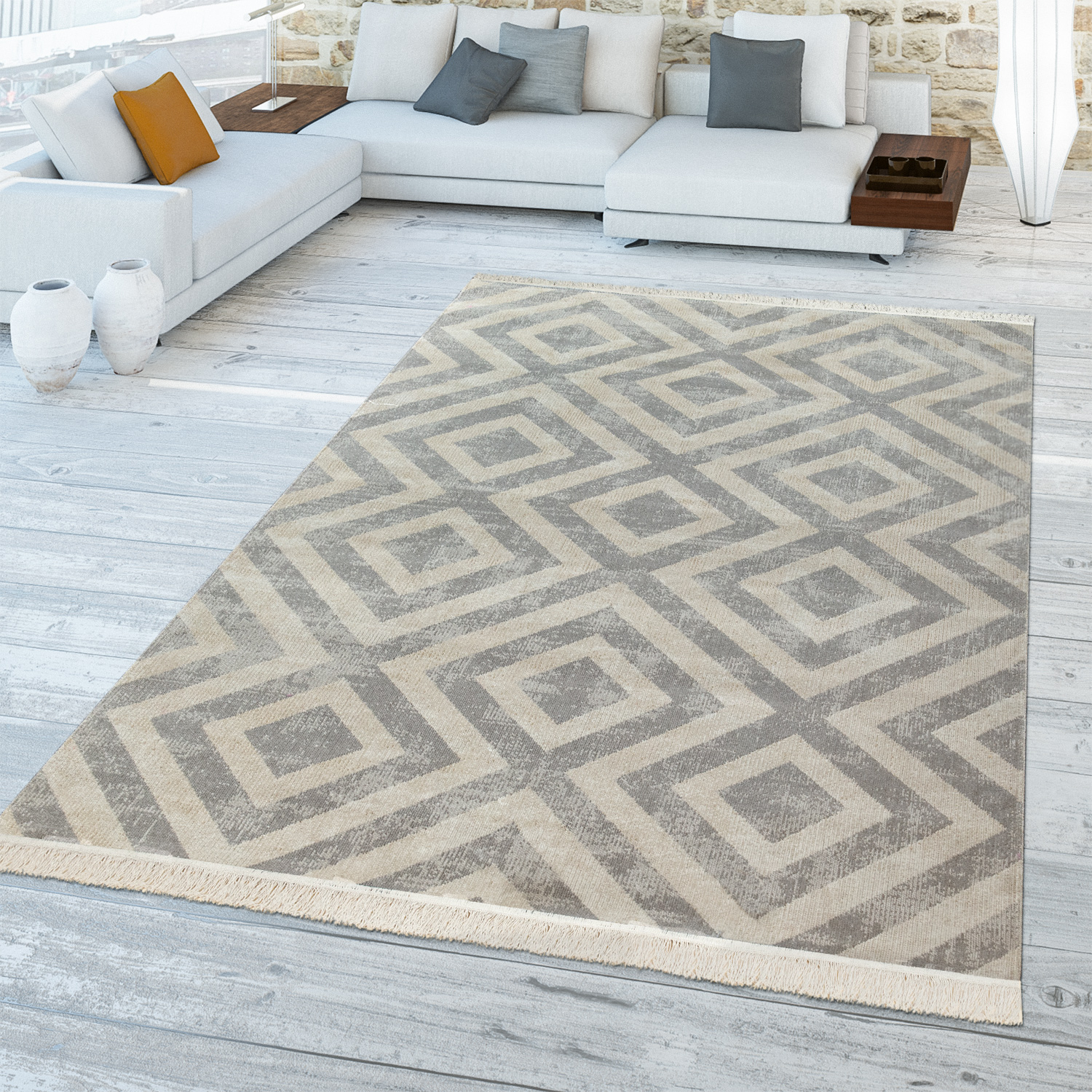 Outdoor Teppich Grau Balkon Terrasse Skandinavisches Rauten Design