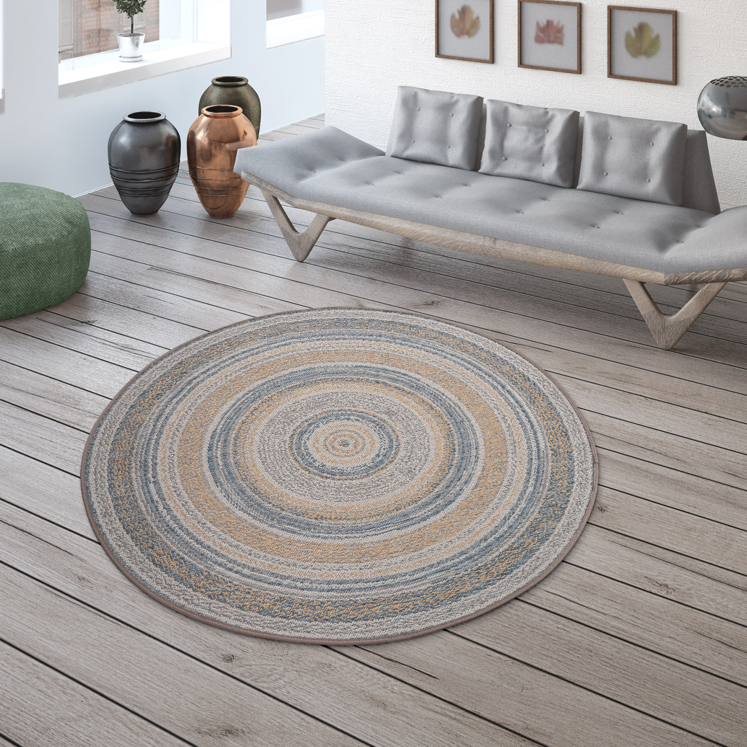 Runder In- & Outdoor-Teppich, Für Balkon Terrasse Mit Ethno-Design, In