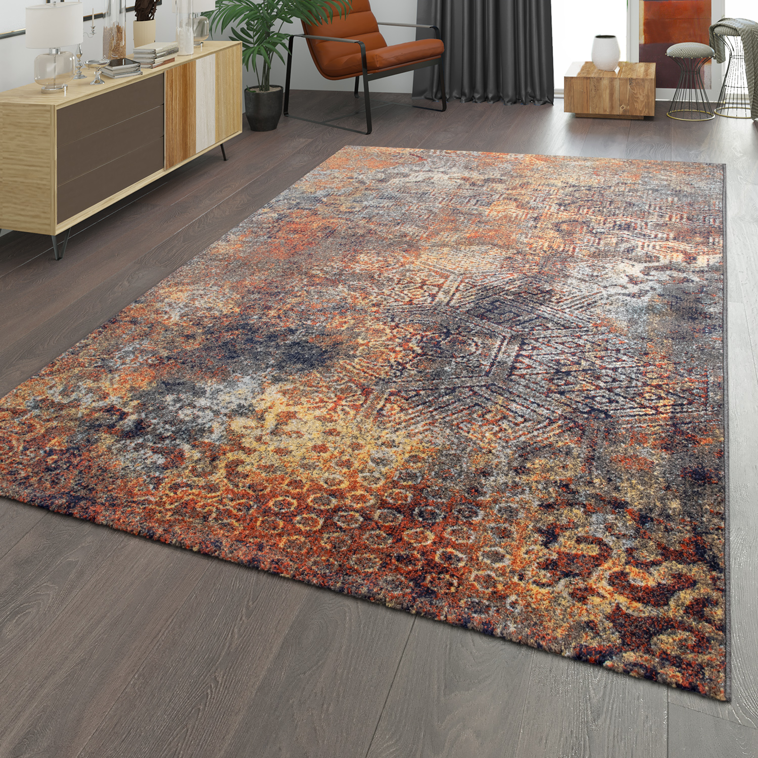 Teppich, Kurzflor Für Wohnzimmer, Used-Look, Ethno-Look, Farbverlauf