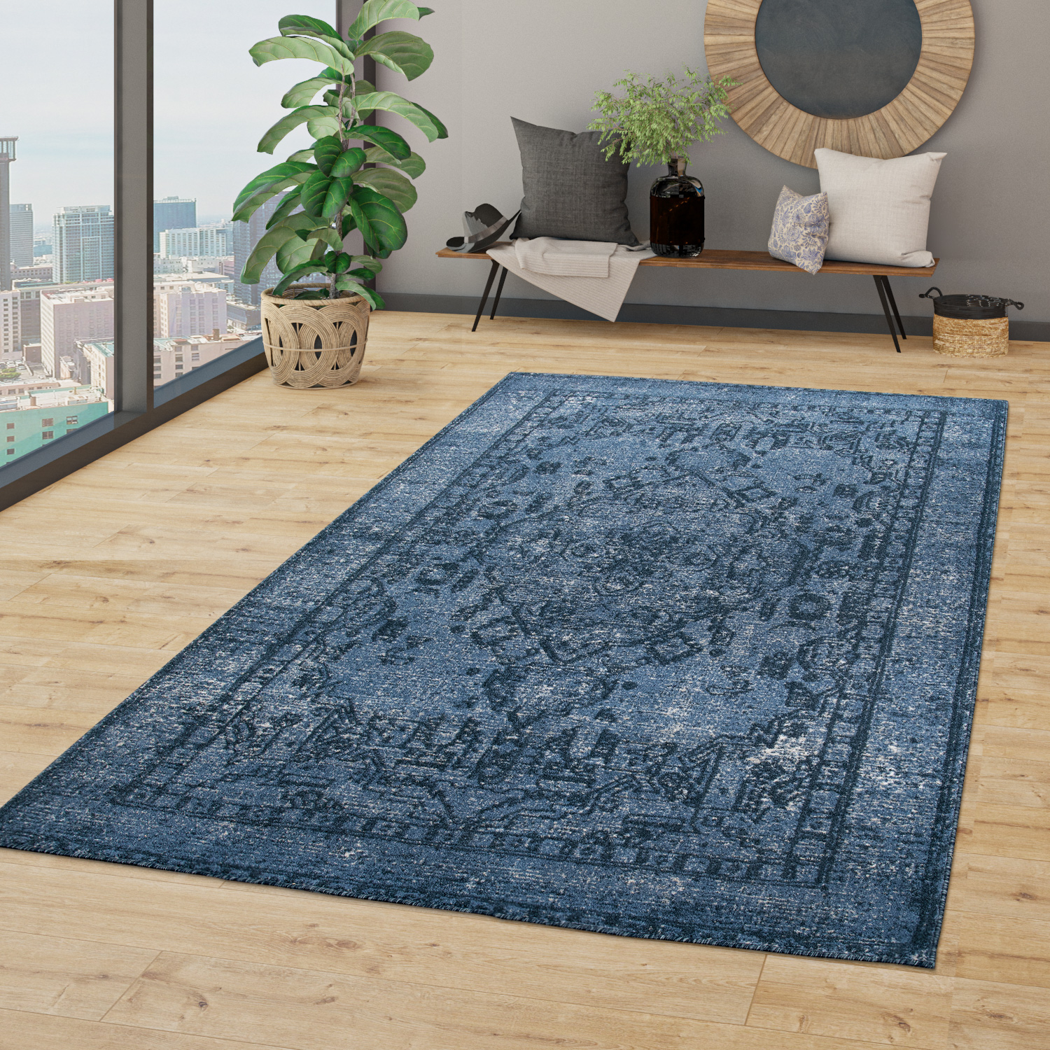 Wohnzimmer Teppich Kurzflor Mit Vintage Boho Style Und Orient Design
