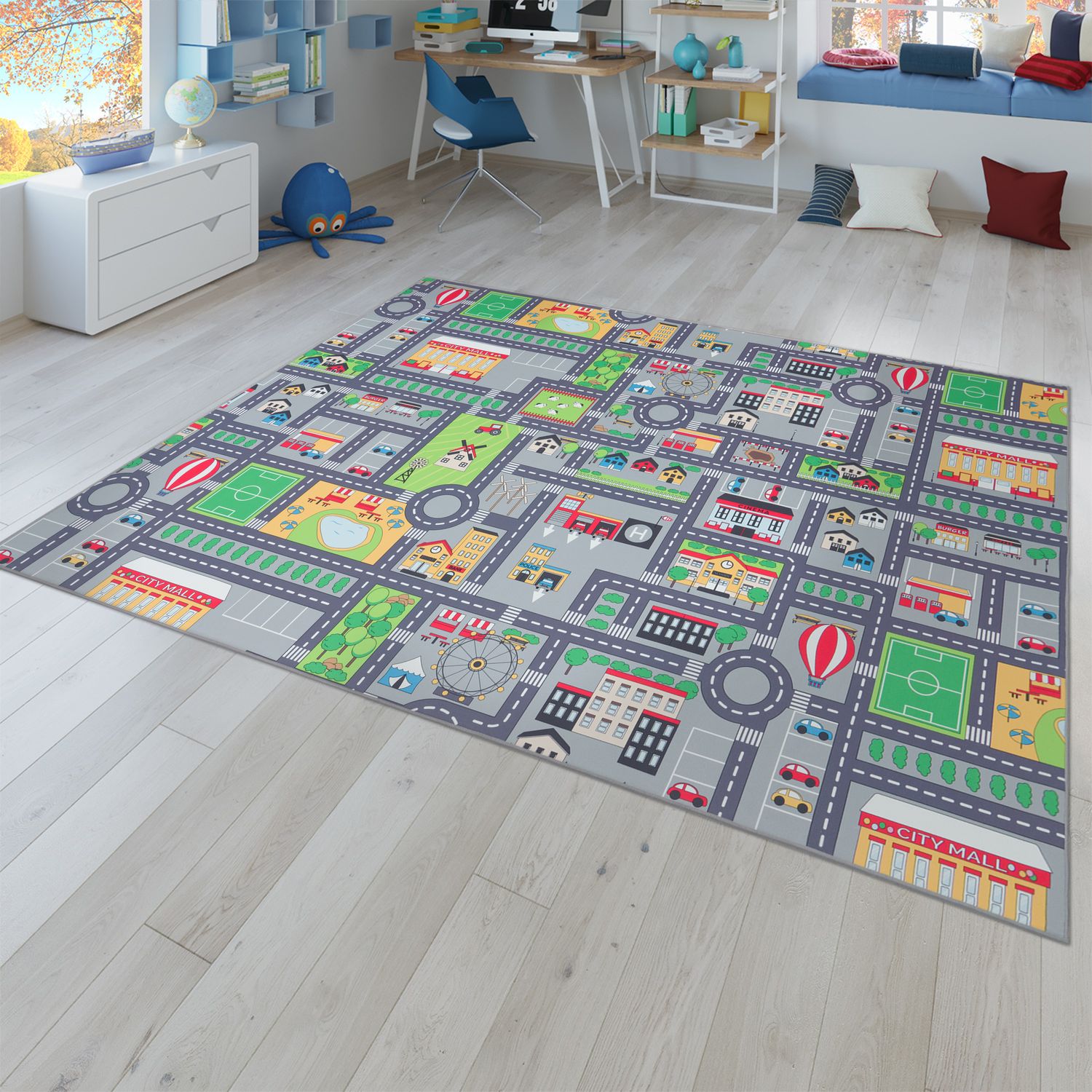 Spielteppich Kinderzimmer Teppich Kinderteppich Straßenteppich Auto Design,  Grau