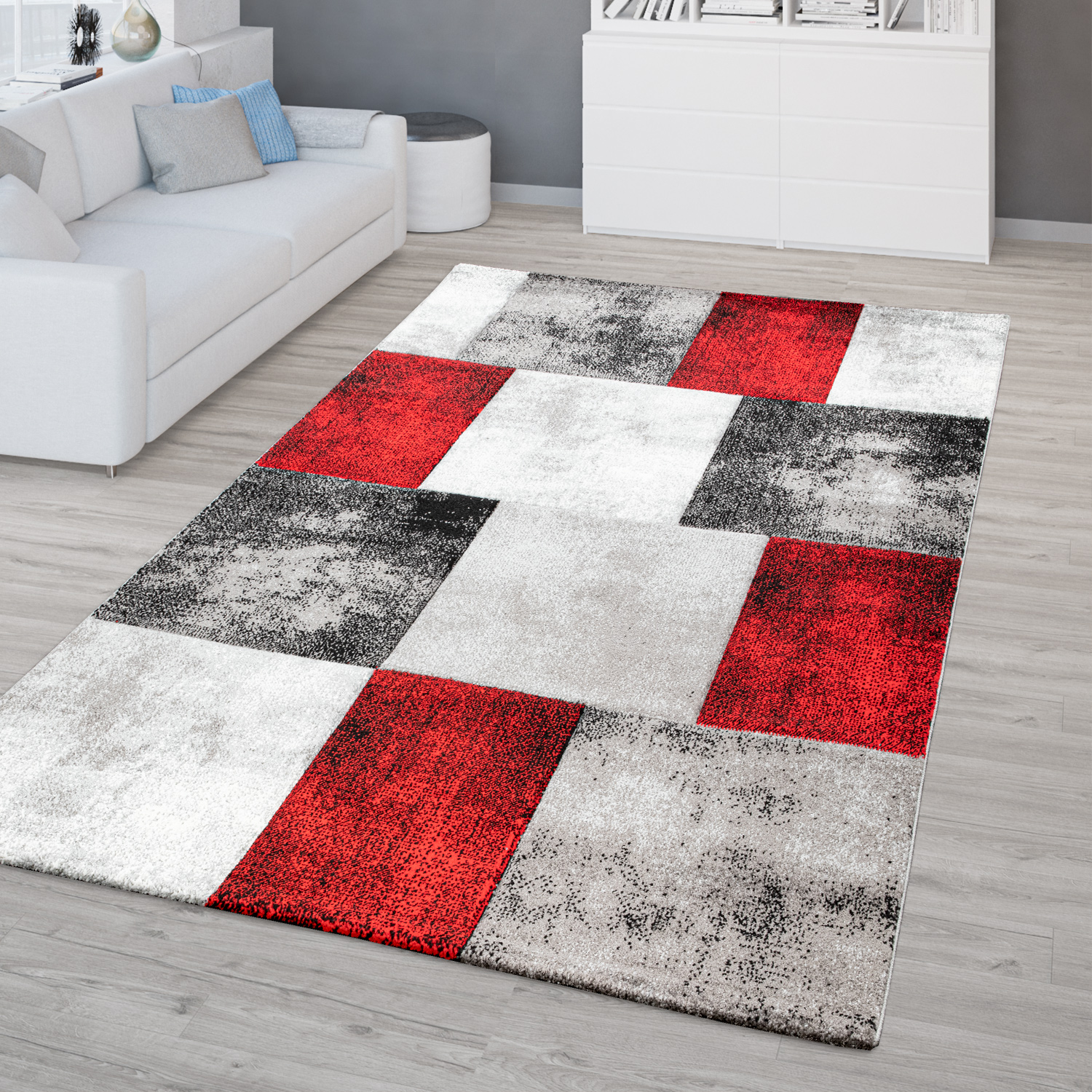 Alfombra Salón Efecto 3D Pelo Corto Rombos Moderna Gris Rojo Blanco | eBay
