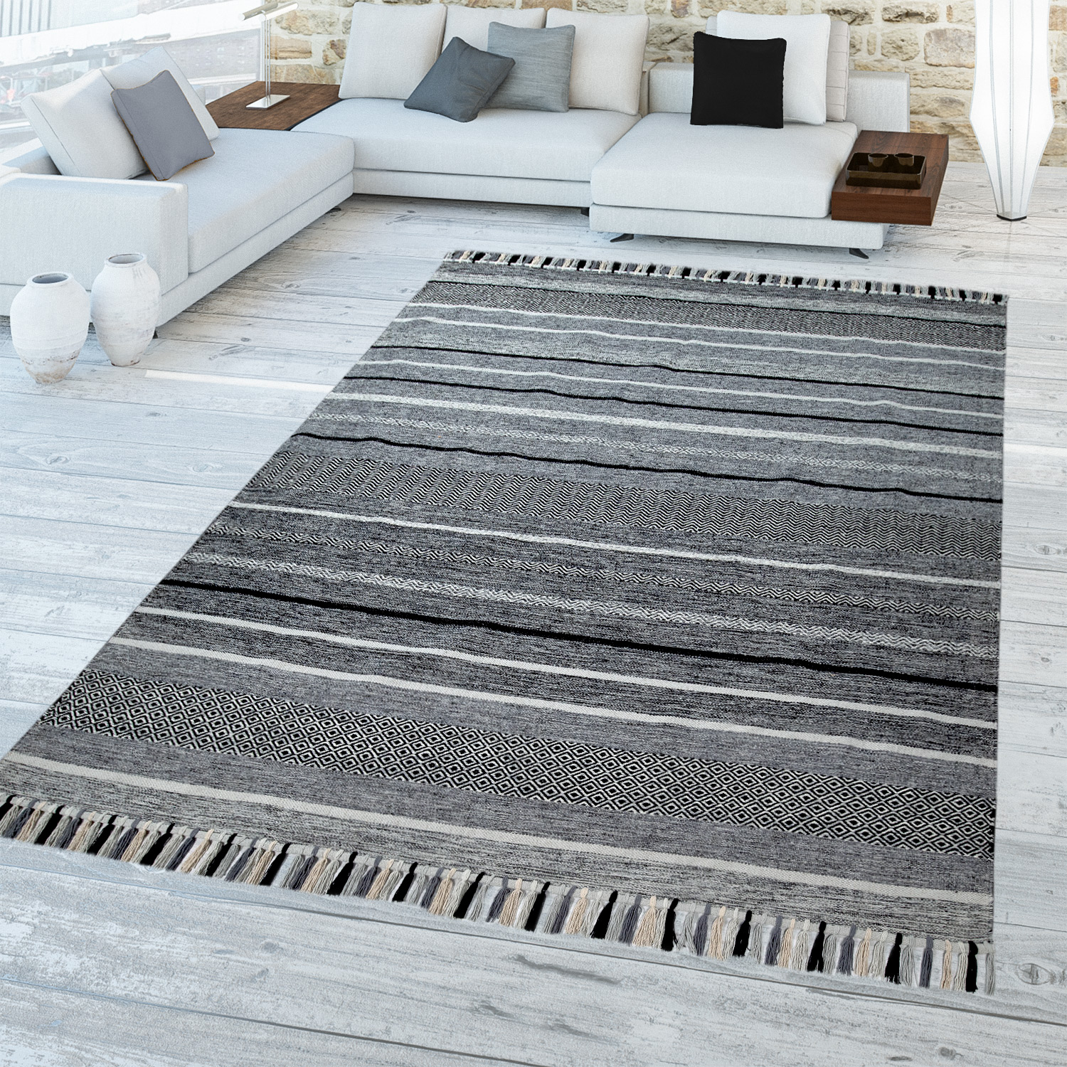 Wohnzimmer Teppich Streifen Design Fransen Naturfaser Gewebter Teppich
