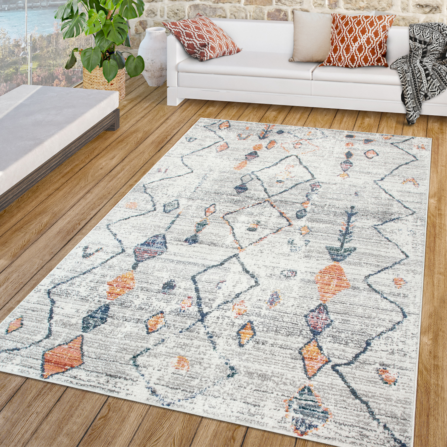 Wohnzimmer Teppich Vintage Kurzflor Modernes Boho Design Creme Grau