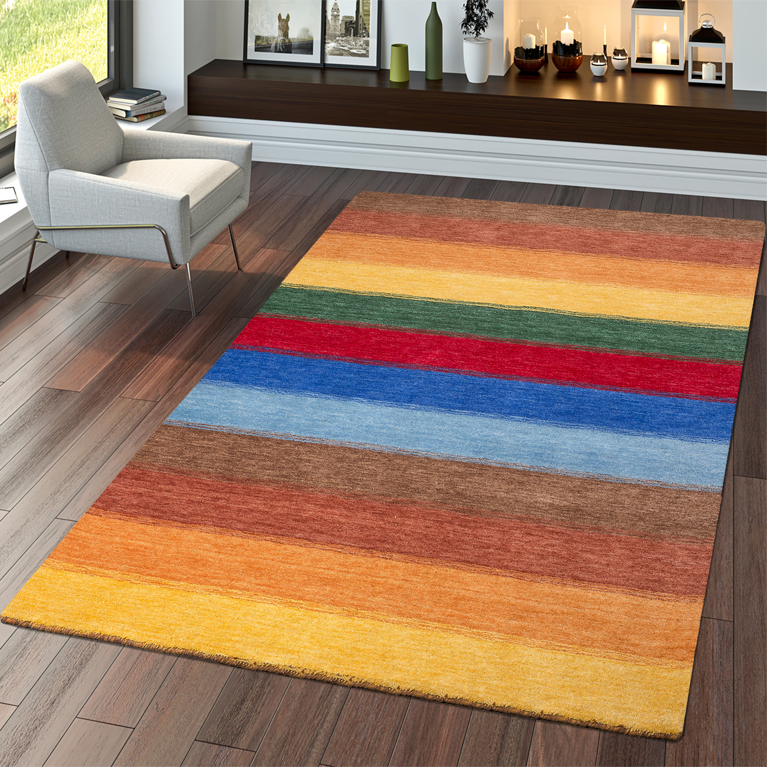 Teppich Indischer Gabbeh Handgefertigt Modern Wolle Streifen In