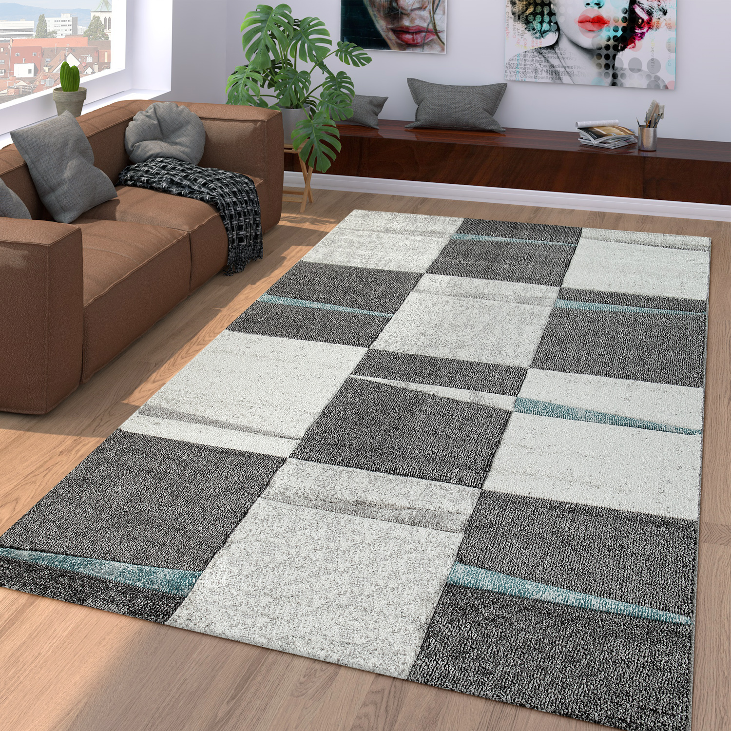 Détails Sur Tapis Salon Moderne à Carreaux Poils Ras Carreaux Noir Gris Turquoise