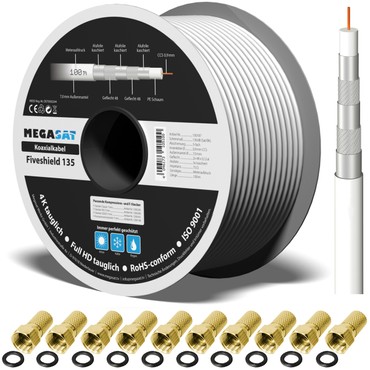 PremumX 100m Koaxalkabel 135dB 4-fach SAT Kabel Absolerer 10x F Stecker Sat Kabel