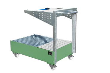  Fahrbare Auffangwanne mit Lochplattenwand LPW 200-4, lackiert, Resedagrün, RAL 6011, Gitterrost  