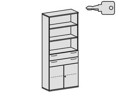  Modulschrank 1. + 2. OH Holztüren, abschließbar, 3. OH 2 Schubkästen, nicht abschließbar, 4. - 6. OH Regal, 3 Dekor-Einlegeböden, 1000x425x2304, Nussbaum/Weiß  