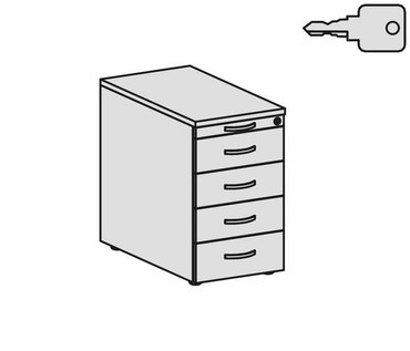  Standcontainer mit 4 Metall-Schubfächern und Utensilienschubfach, Metall-Rollschubführung, Zentralverriegelung, 438x800x720, Lichtgrau/Buche/Ahorn  