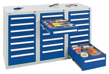  Schubladenschrank Serie T-100/35-3, RAL 7035/5010, 21 Schubladen (18x100, 3x200mm)  