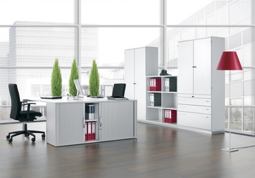  Modulschrank 1. + 2. OH Hängeregistratur mit Zentralverriegelung und Auszugssperre, abschließbar, 3. - 5. OH Regal, 2 Dekor-Einlegeböden, Wandbefestigung erforderlich, 1000x425x1920, Nussbaum/Nussbaum  