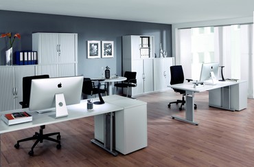  Querrollladenschrank mit Mittelseite, 2 Dekor-Einlegeböden, abschließbar, 1600x425x768, Silber/Weiß  