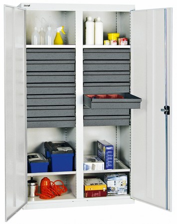  Werkzeug- und Materialschrank Serie 3000, 7035/7035, 14 Schublade 100 mm, Mitteltrennwand, 4 Wannenböden  