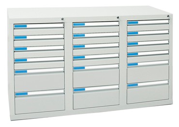  Schubladenschrank Serie ESTA, RAL 7035/7035, 18 Schubladen (12x100, 6x200 mm)  