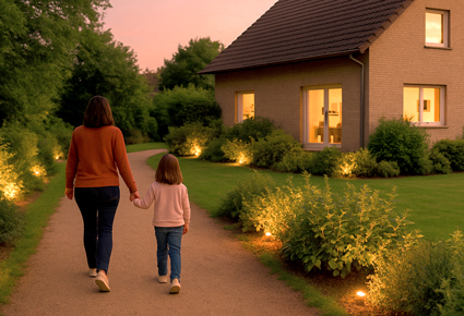 Mutter und Kind gehen der Gartenweg entlang zu einem gemütlichen Haus