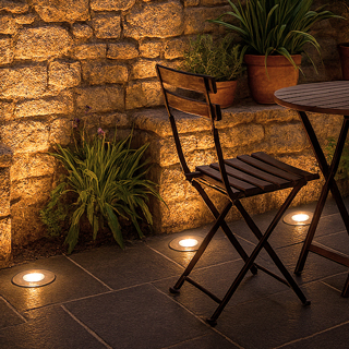 Beleuchtete Terrasse mit Bodeneinbaustrahler am Abend mit Tisch und Stühlen