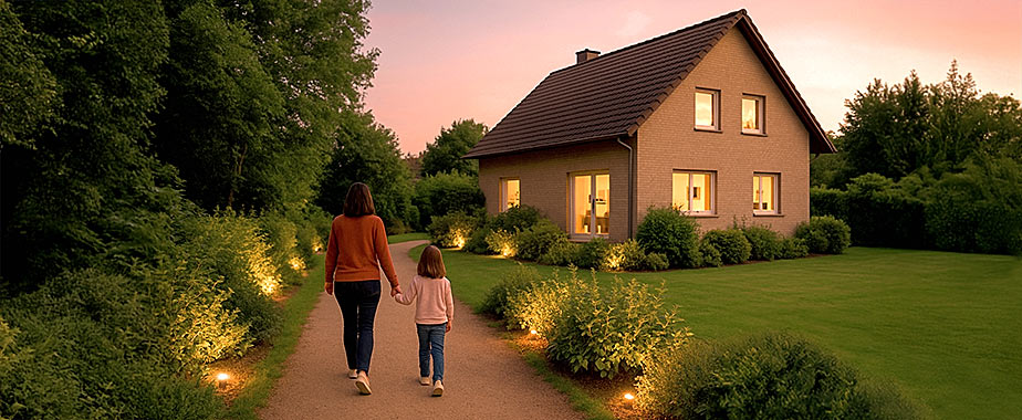 Mutter und Kind gehen der Gartenweg entlang zu einem gemütlichen Haus