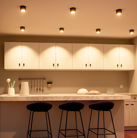 Modernes Wohnzimmer mit Holzboden und Deckeneinbauleuchten