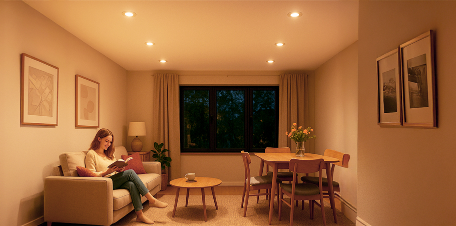 Wohnzimmer mit grüner Wand, Pflanze und weißen Deckenspots