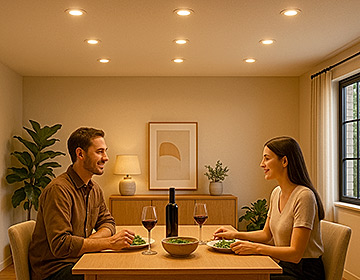 Ein Ehepaar sitzt am Tisch in der Küche unter einer beleuchteten Decke mit LED-Deckenspots