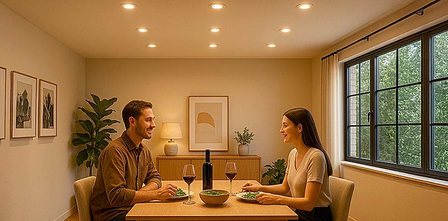 Ein Ehepaar sitzt am Tisch in der Küche unter einer beleuchteten Decke mit LED-Deckenspots