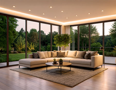 Ein Wohnzimmer, stimmungsvoll beleuchtet mit warmweißem Licht durch Aufbau- und Wandleuchten