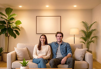 Wohnzimmer mit Couch, Deckenlichtern und eine Paare