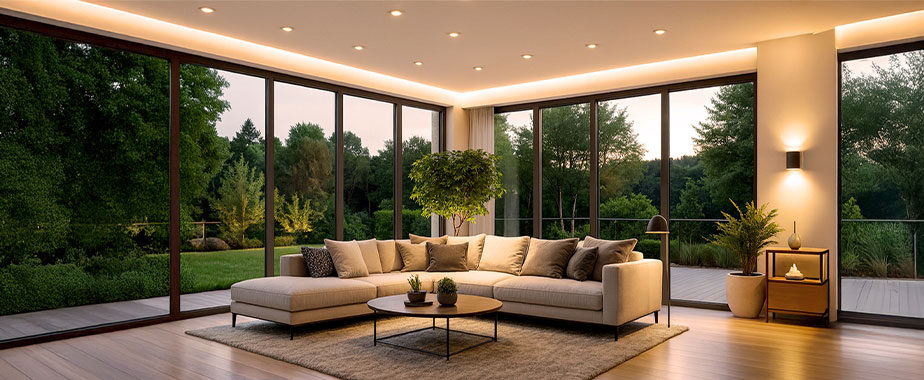 Ein Wohnzimmer, stimmungsvoll beleuchtet mit warmweißem Licht durch Aufbau- und Wandleuchten