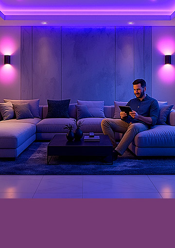 Wohnzimmer mit farbenfroher Beleuchtung mit smarten LED Leuchtmitteln