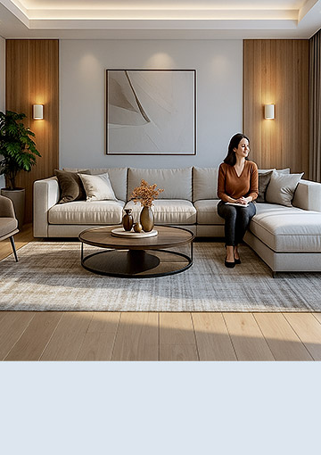 Wohnzimmer mit neutralweisser Beleuchtung mit smarten LED Leuchtmitteln