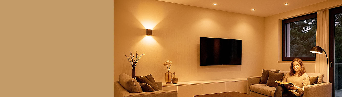 Wohnzimmer beleuchtet mit smarten LED Lampen in warmweiss