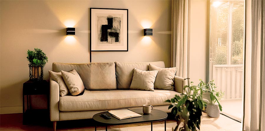 Modernes Wohnzimmer mit LED Wandleuchten in schwarz