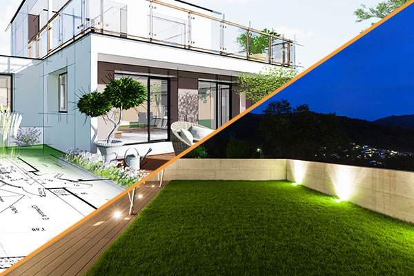 Skizze von einer Terrasse und einem Garten und Foto eines fertigen Außenbereich