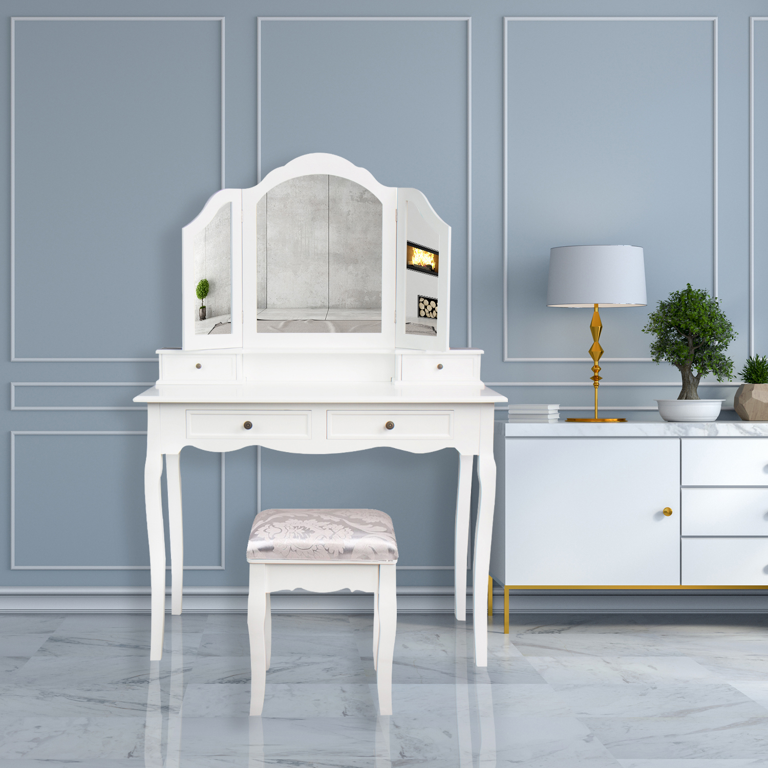 Schminktisch Frisiertisch Kosmetiktisch Kommode Spiegel weiß modern