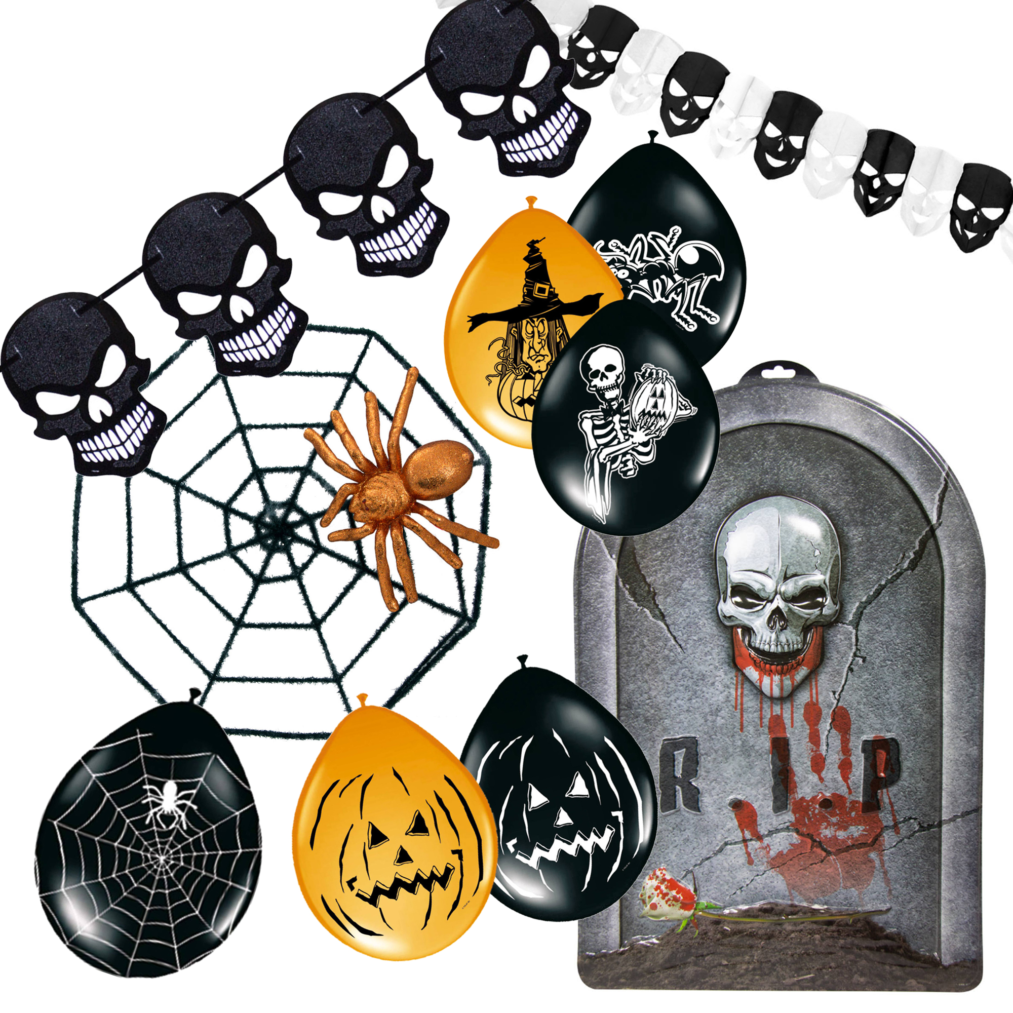 28-teiliges Halloween Dekoration Set inkl. Totenkopf-Girlanden,  Luftballons, Spinnennetz und Deko Grabstein