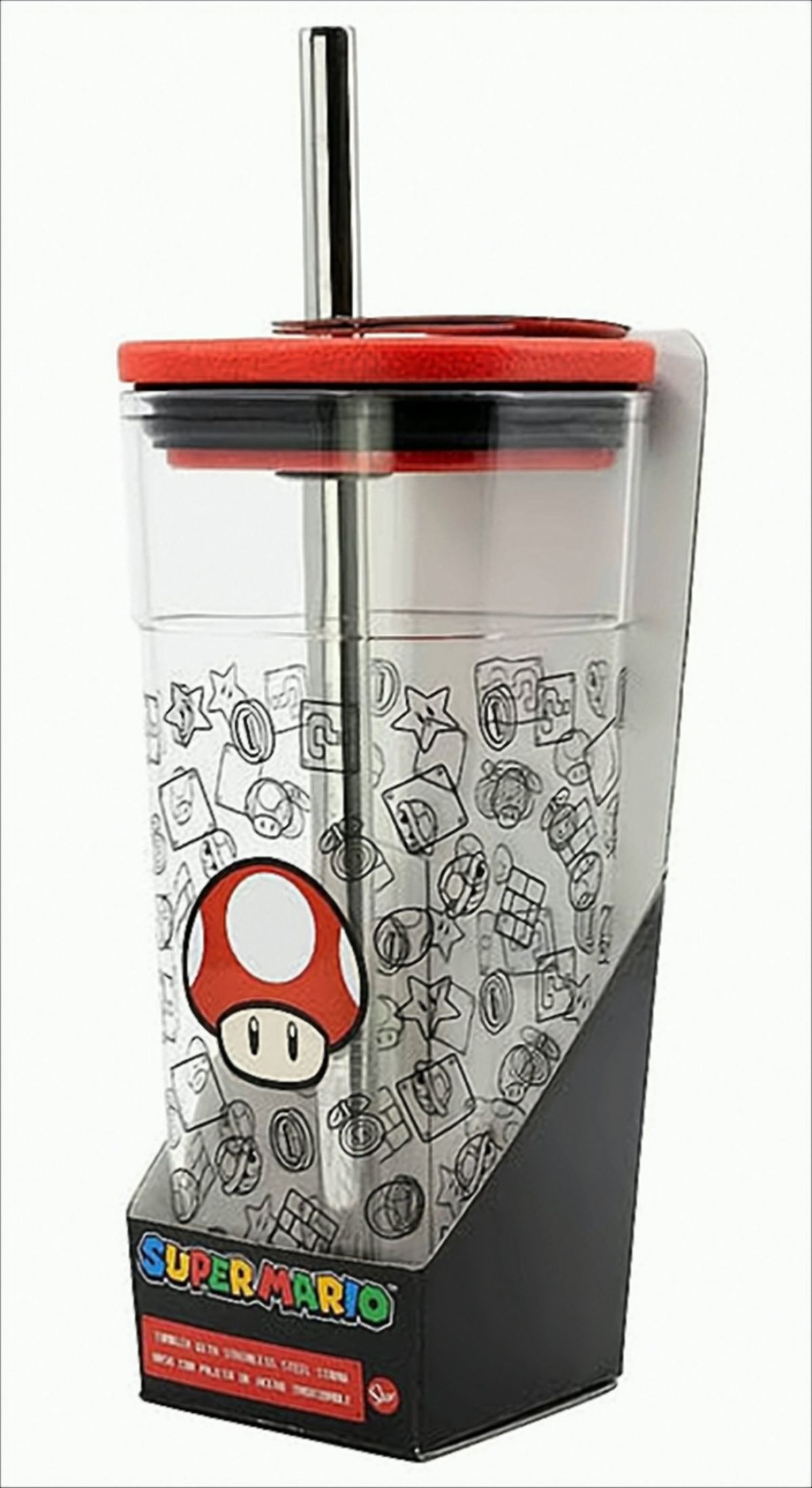 Super Mario Roter Pilz Trinkbecher 540ml mit Edelstahl-Strohhalm