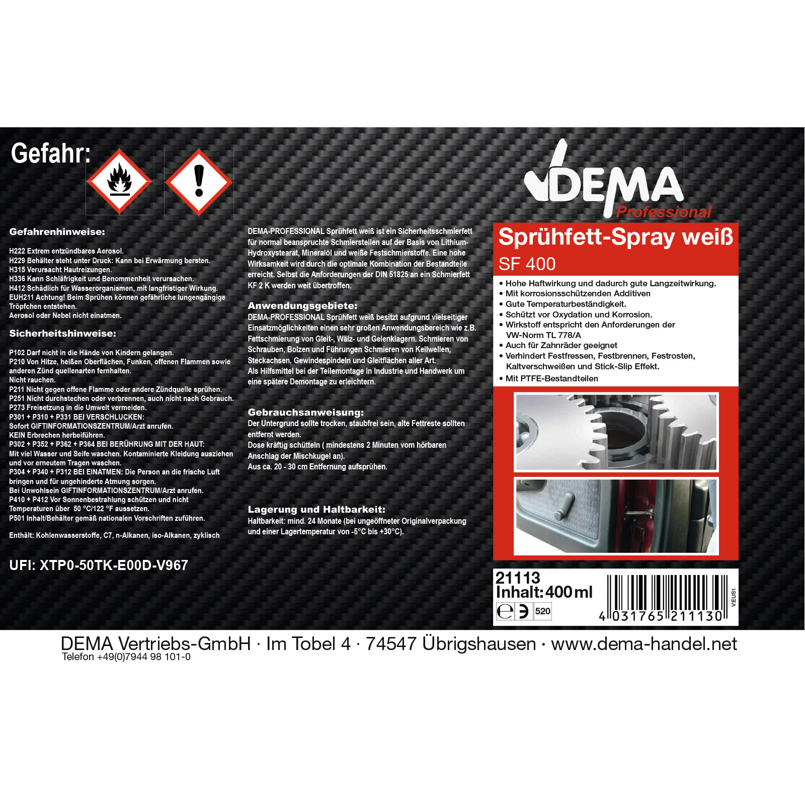 Sprühfett weiß Spray 400 ml Schmierfett Haftfett 