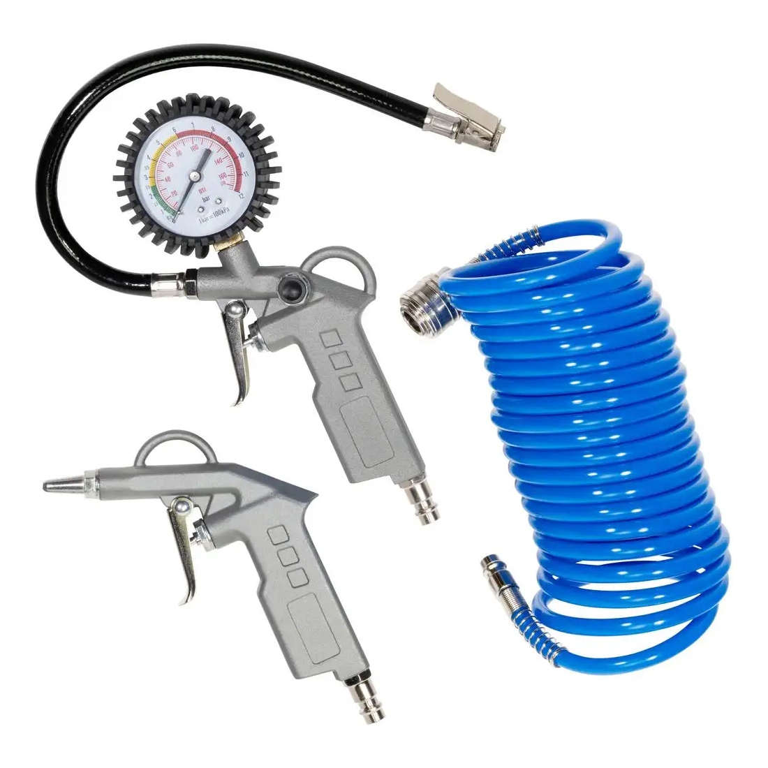 Güde Druckluft-Werkzeug-Set 3-tlg. – Reifenfüller, Ausblaspistole, Spiralschlauch 5 m – robust, vielseitig, handlich – Werkstatt, Auto, KFZ,