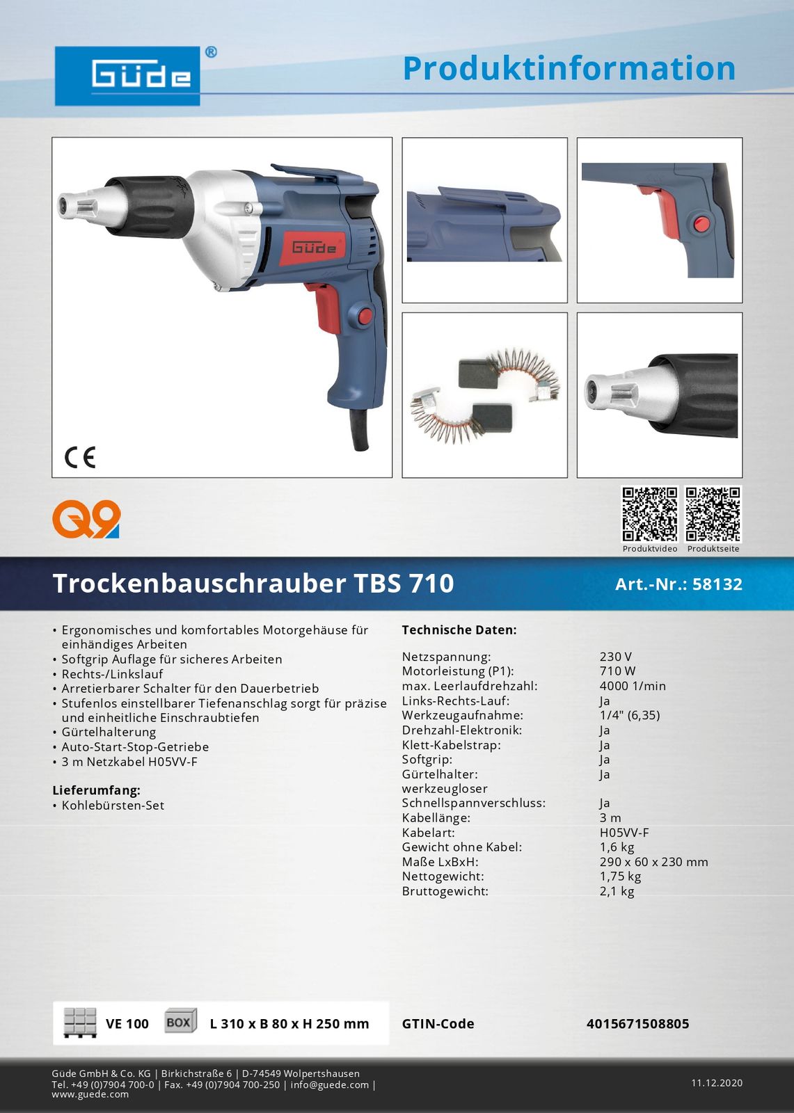 Güde Q9 Schnellbauschrauber Trockenbauschrauber Bauschrauber Schrauber TBS 710