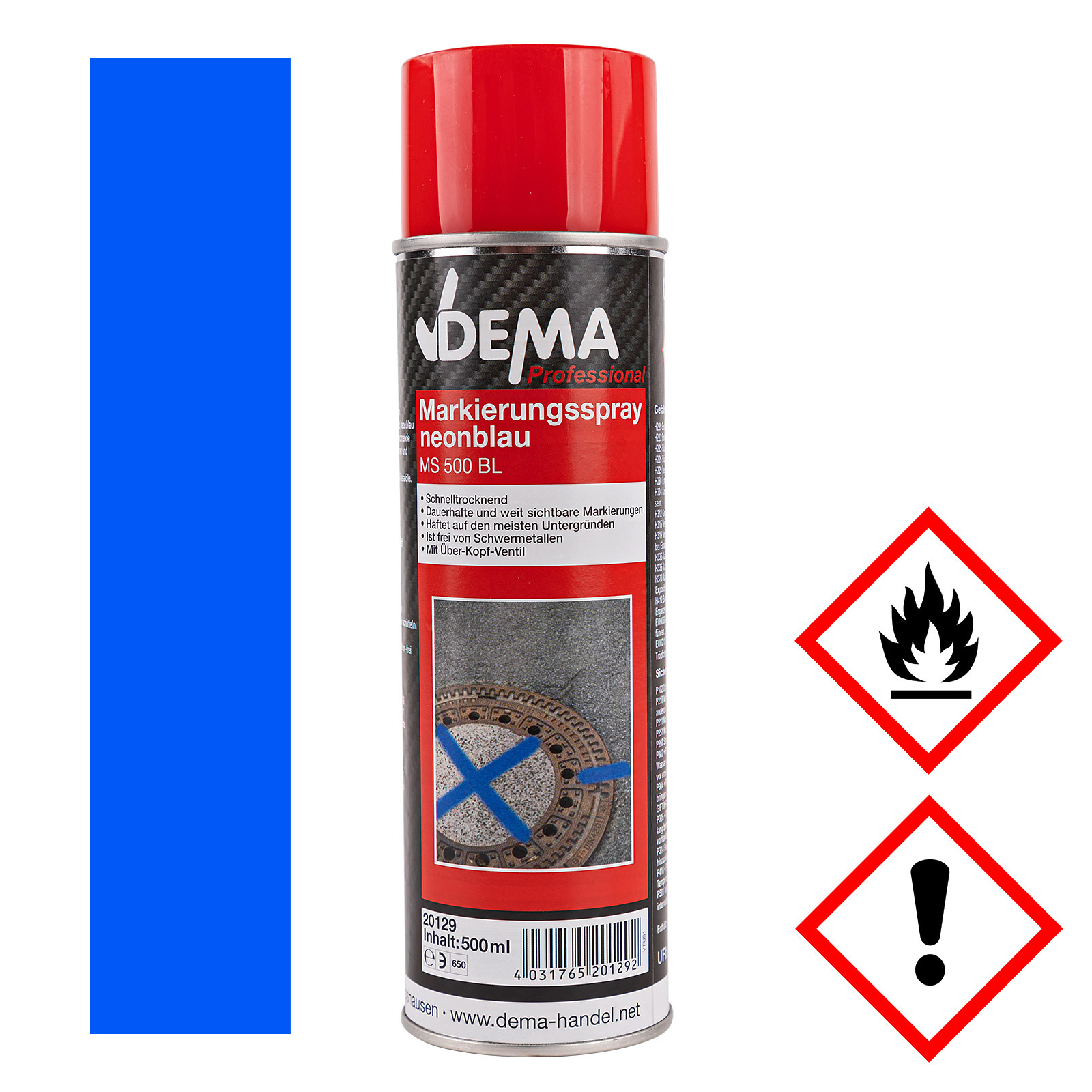 Markierungsspray 500 ml - Markierungsfarbe, Farbspray, Sprühfarbe - neon blau, gut sichtbar, schnell trocknend - Bau, Garten, Sportplatz, Handwerk, O
