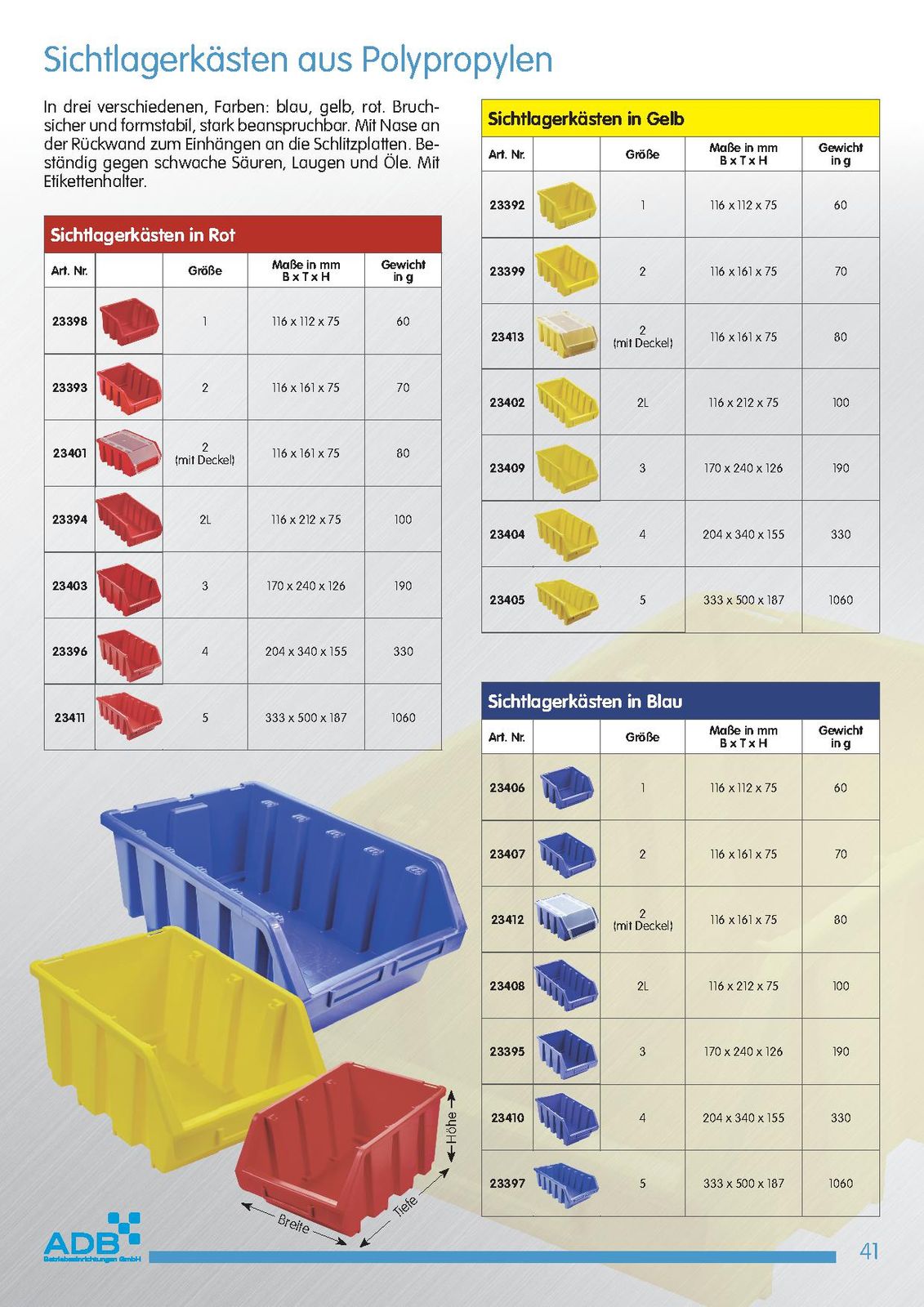 ADB Ergobox Gr.2L Gelb 116x212x75mm Sichtlagerkasten Stapelbox Schütte