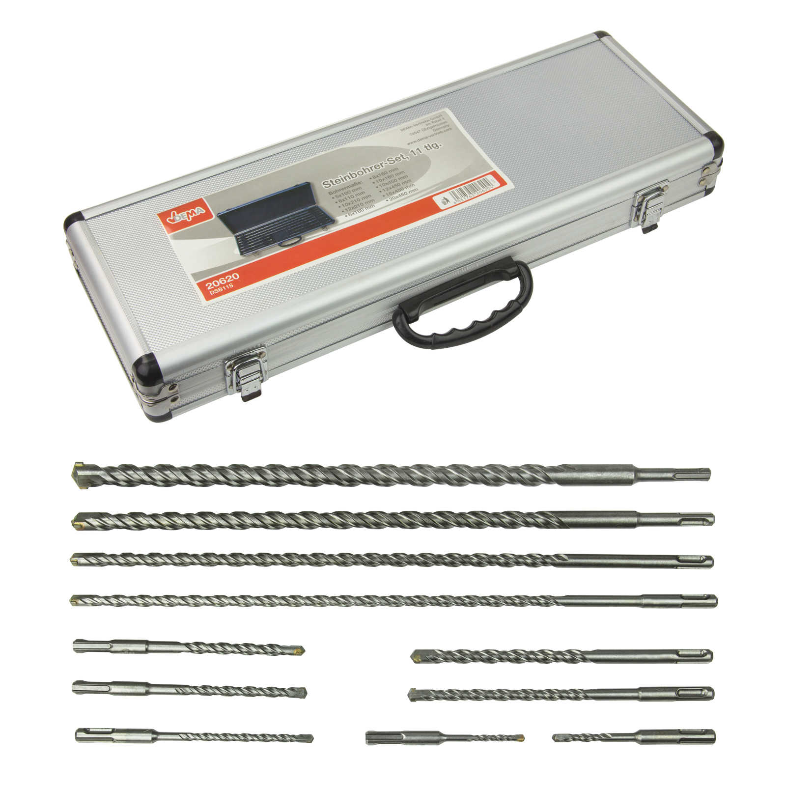 Steinbohrer Betonbohrer Set 11-teilig, 8mm bis 20mm, Hammerbohrer, SDS-Plus Bohrer, Langbohrer, SDS 6mm, für Beton und Mauerwerk
