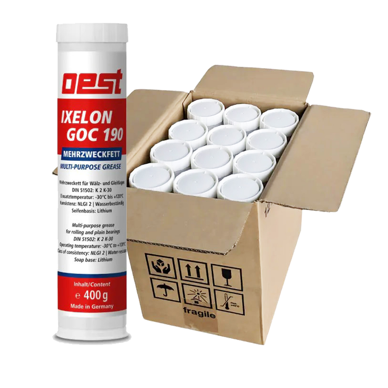 12x Oest Mehrzweckfett 4,8 kg, Schmierfett, GOC190, je 400 g Kartusche, robust, temperaturbeständig, für KFZ, Maschinen, Industrie, Heimwerker