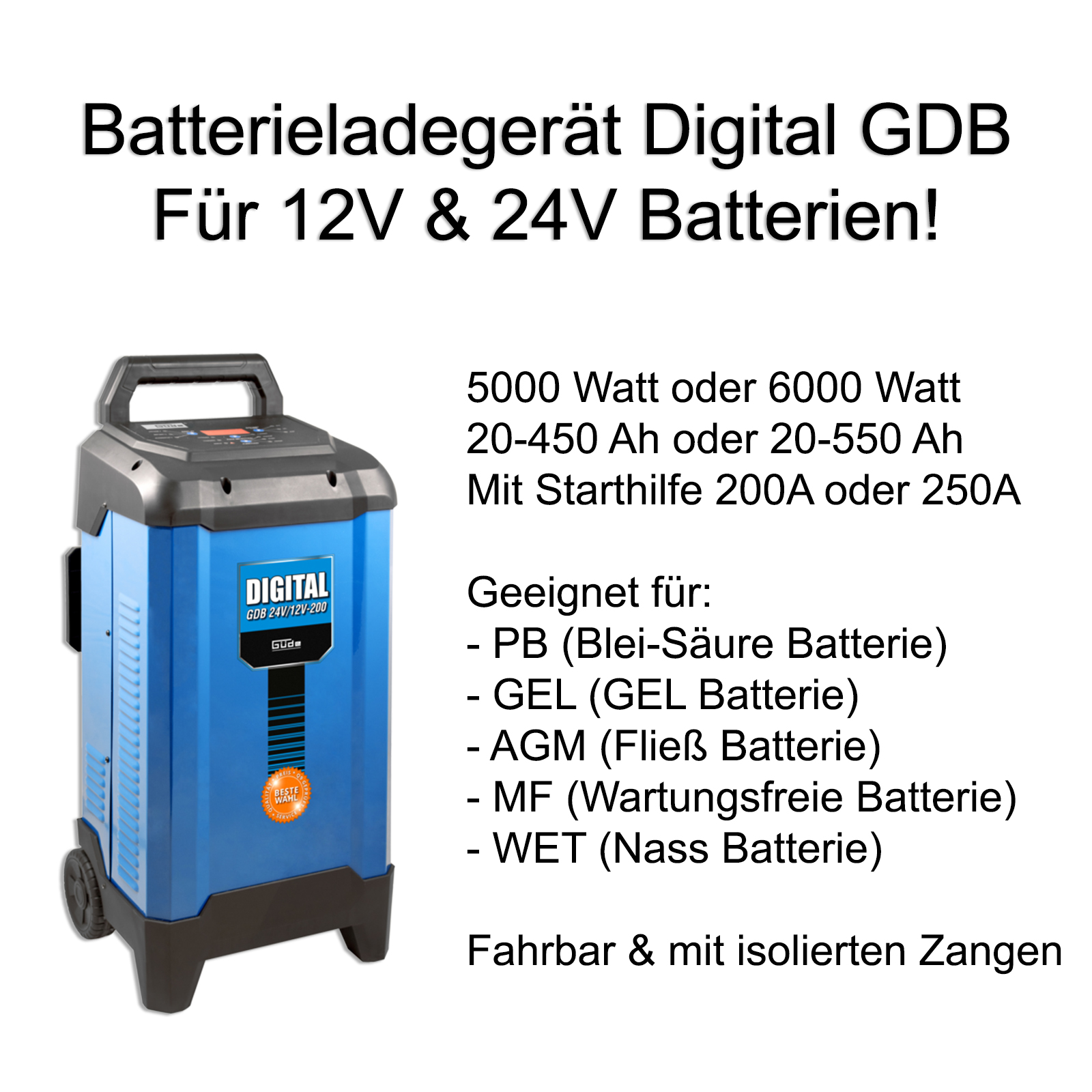 Güde Batterielader Digital GDB 24V/12V (200 A o. 250 A Starthilfe)