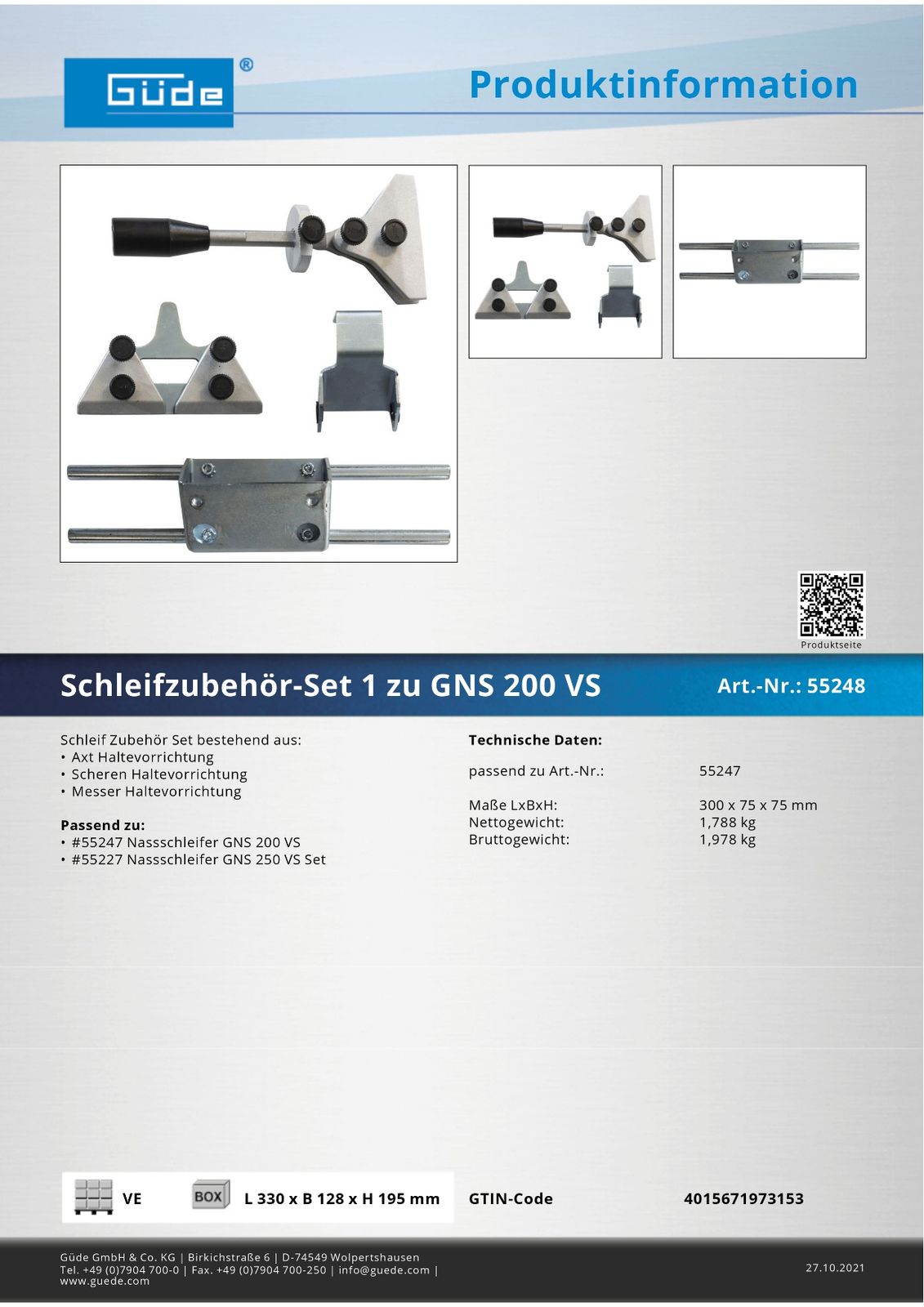 GÜDE Nassschleifer GNS 250 VS Set